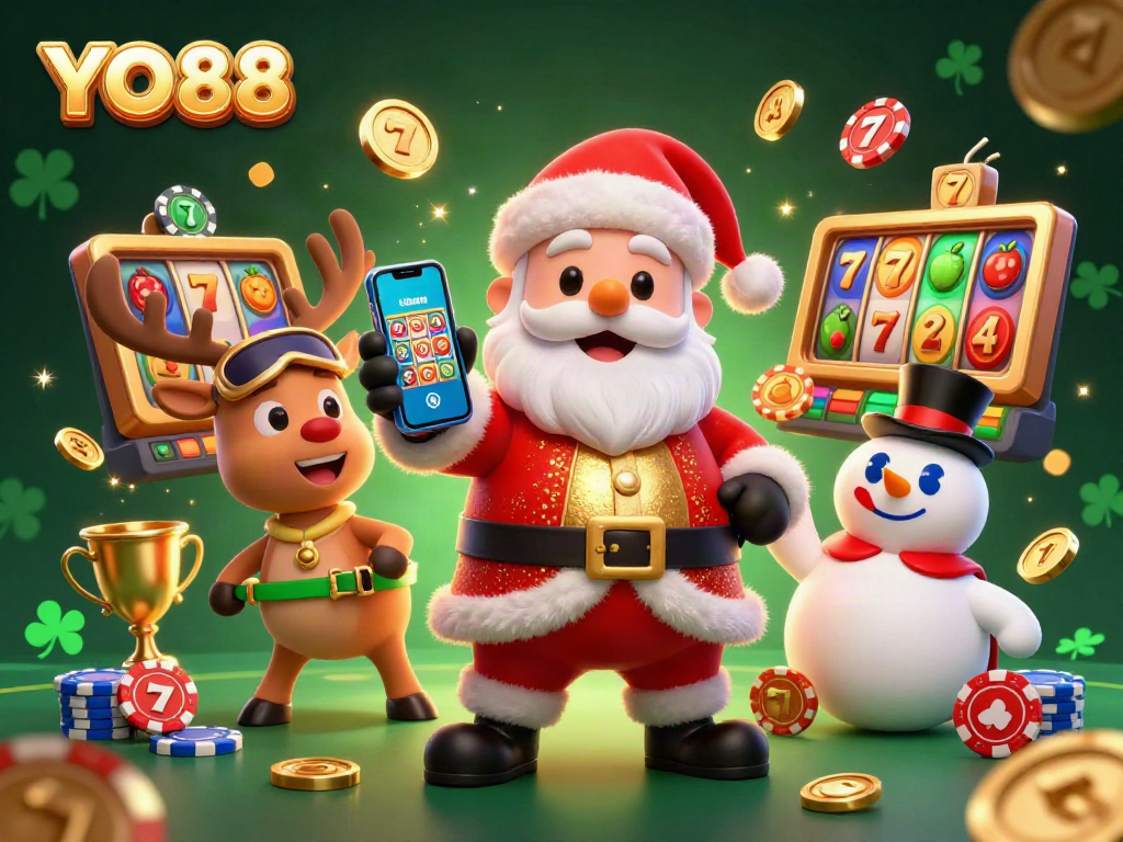 Experience joyful gaming at YO88 while celebrating a jackpot with Santa and his festive companions.