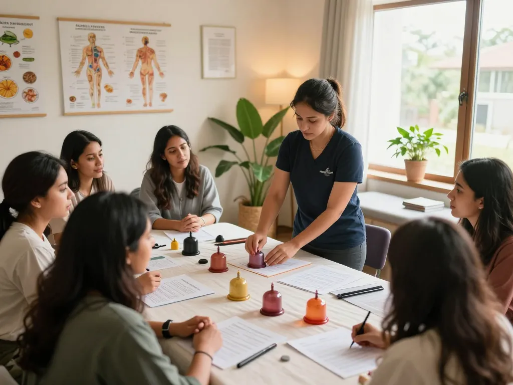 Engaging Hijama training London session with female instructor demonstrating techniques in an inviting therapy room.