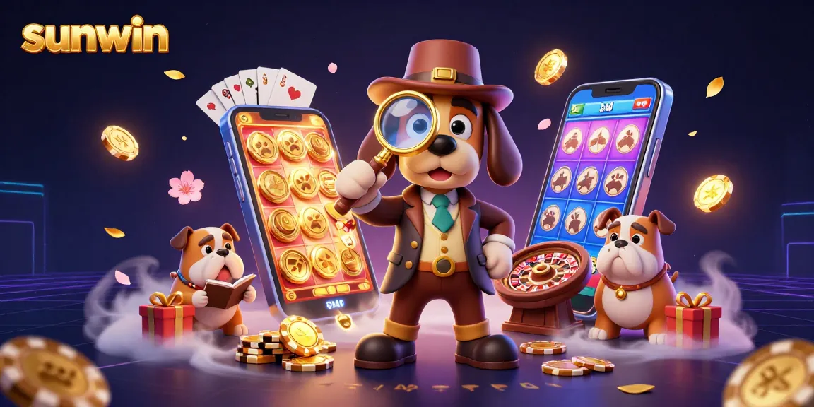 Sunwin celebrates winning hands while a detective reveals treasures of gameplay in this vibrant casino scene.