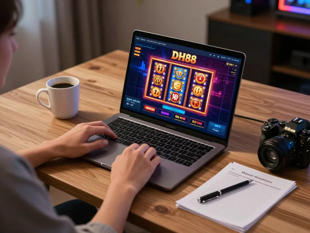 Playing casino games at DH88 online platform with strategic notes in a cozy home setup