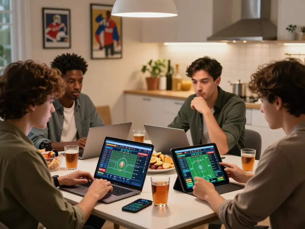 Engaging scene of friends participating in trang cá cược bóng đá at home, discussing strategies with laptops and snacks.