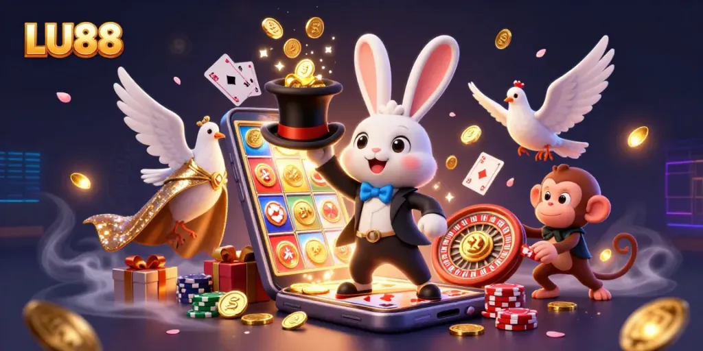 Engage with LU88's winning moments as a cartoon magician rabbit reveals golden coins in a casino scene.