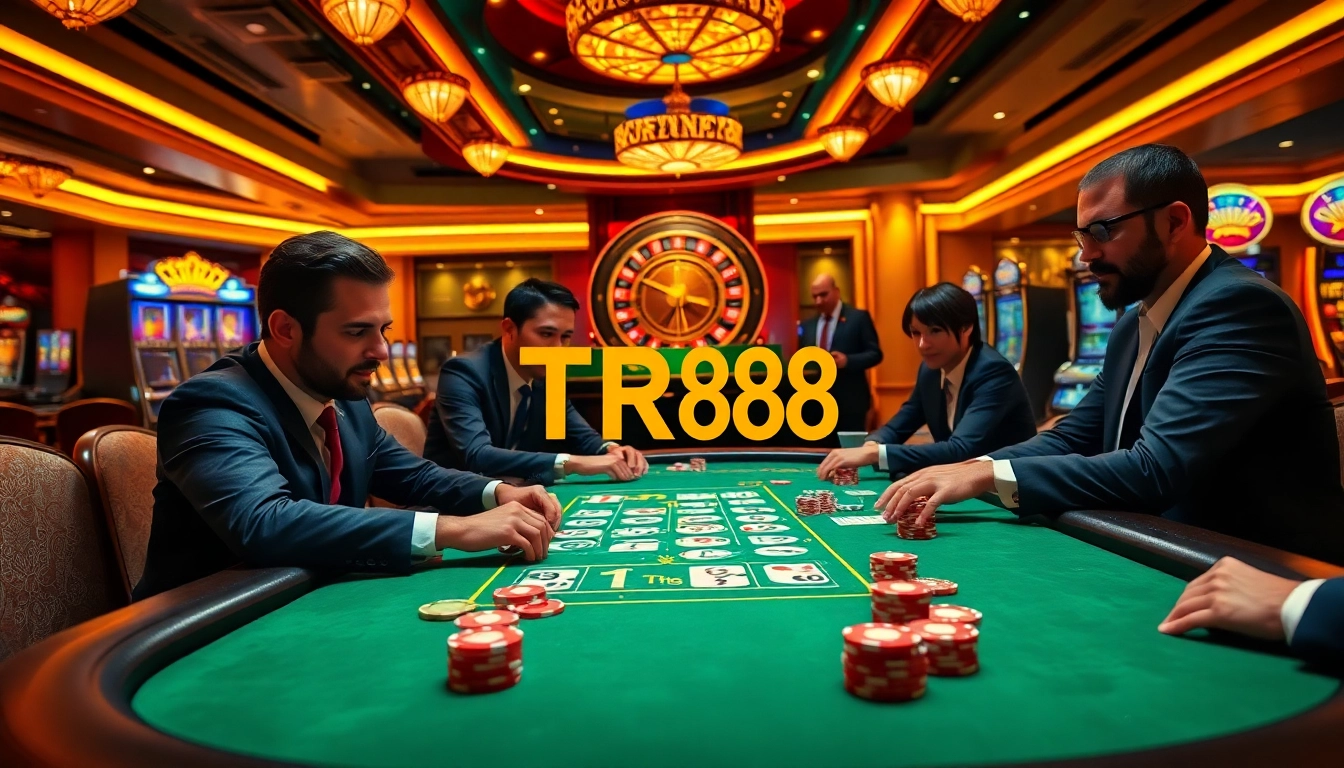 Players strategizing in a vibrant casino scene featuring TR88 poker tables and rich, luxurious details.