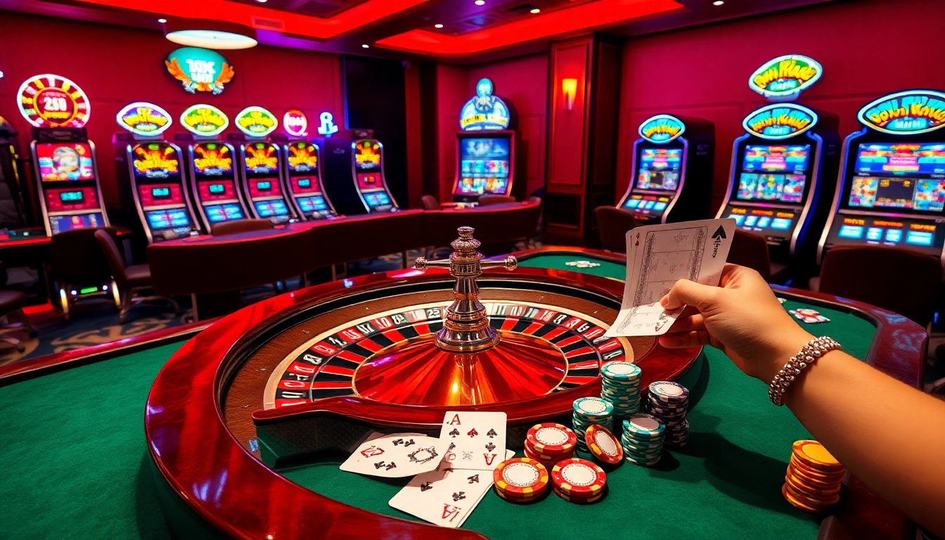 Experience the excitement of GG888 with players engaged at roulette and poker tables in a vibrant casino.
