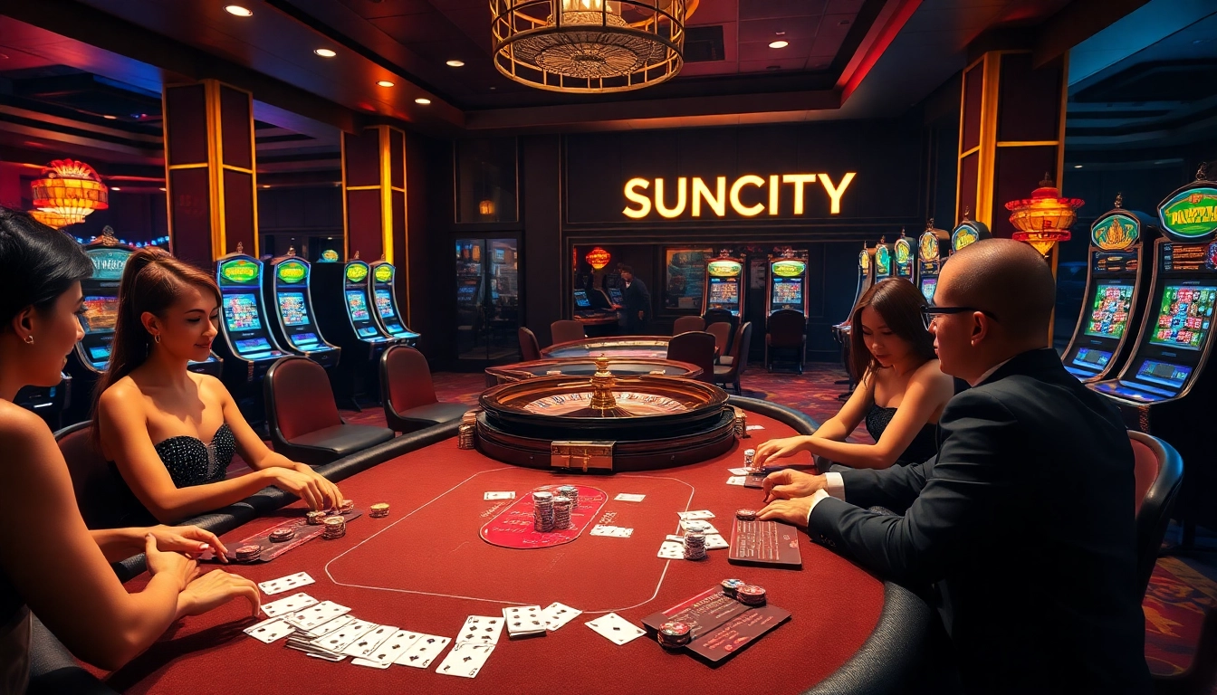 SUNCITY casino scene featuring an exciting poker table with vibrant poker chips, cards, and a roulette wheel.