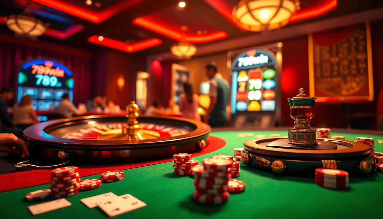 Players enjoying thrilling games at 789win, showcasing poker chips and casino excitement.
