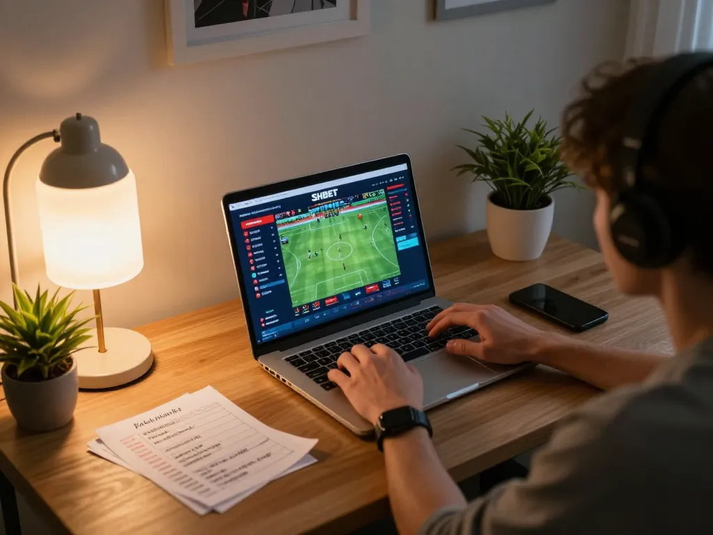 Engage in sports betting on SHBET with an inviting online gaming setup showcasing live odds and match updates.