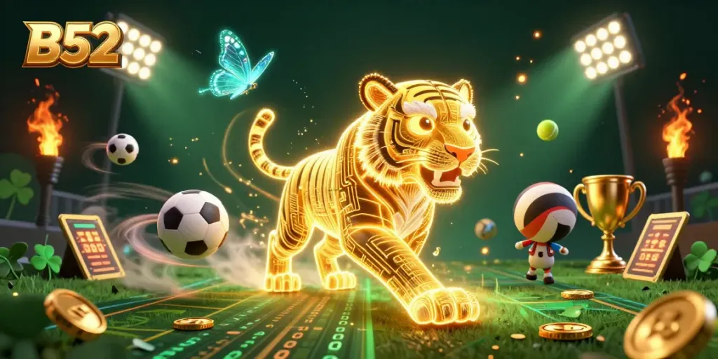 B52 casino scene showing a golden tiger and sports elements in a vibrant digital landscape