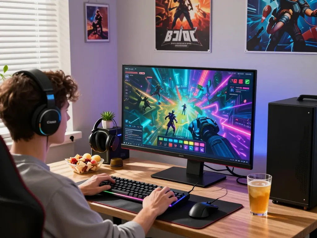 Exciting B52 online gaming scene with user at a stylish gaming desk featuring vibrant graphics and accessories.