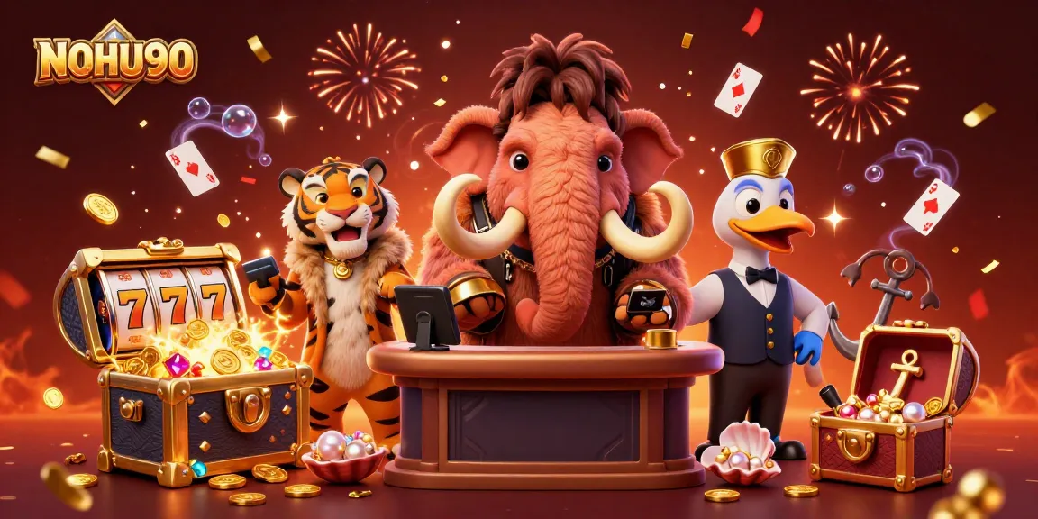 Experience thrilling slots and jackpots with NOHU90, surrounded by vibrant casino elements.