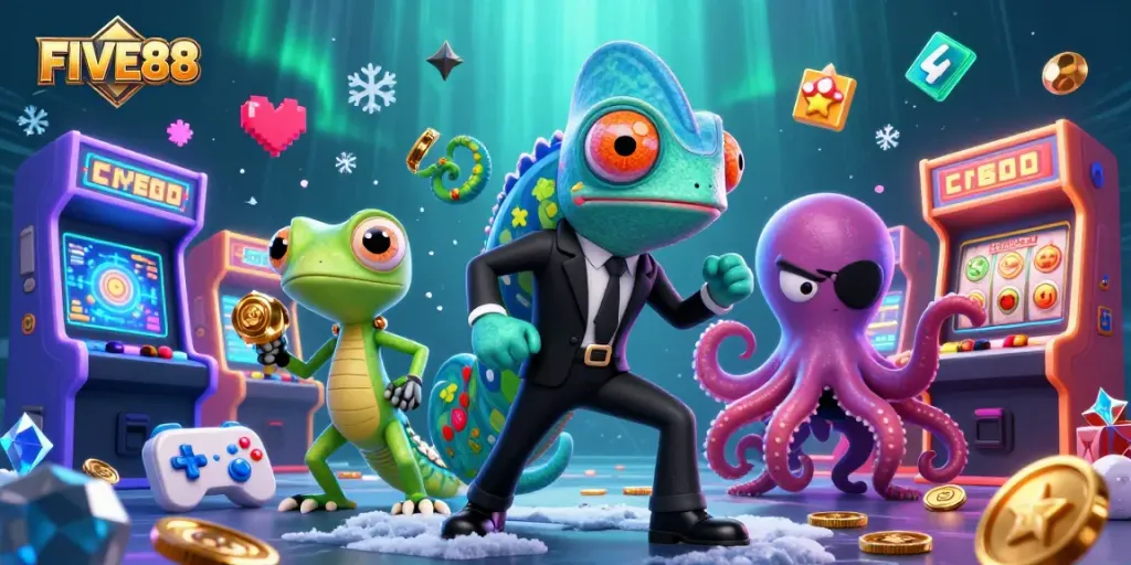 Engage in thrilling fishing adventures with FIVE88 as colorful characters and casino elements collide in an underwater scene.
