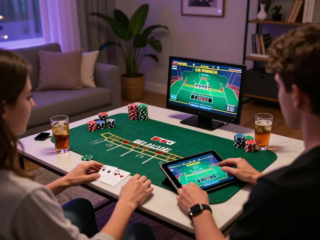 A player engaging with 3Win's live dealer blackjack on a tablet in a cozy home setting