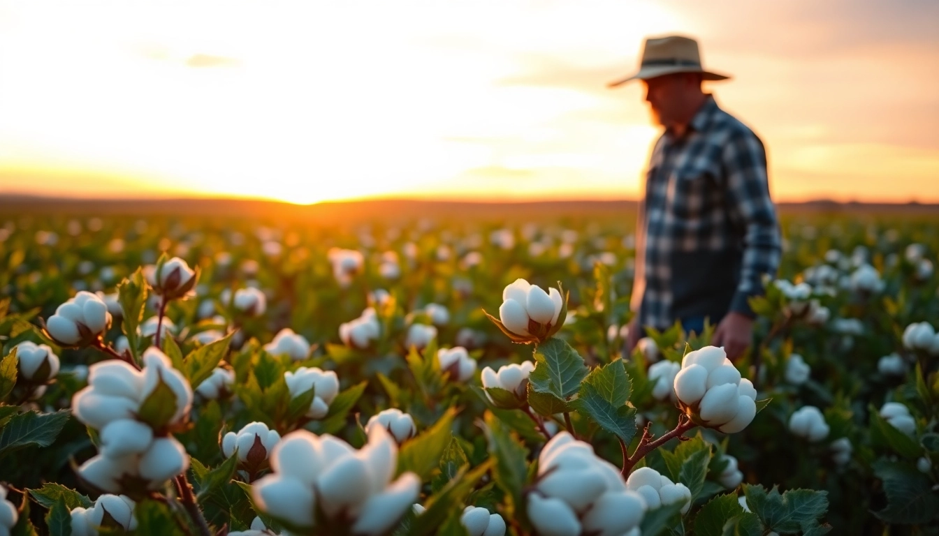 Een boer inspecteert katoenplanten in een uitgestrekt veld bij zonsondergang.