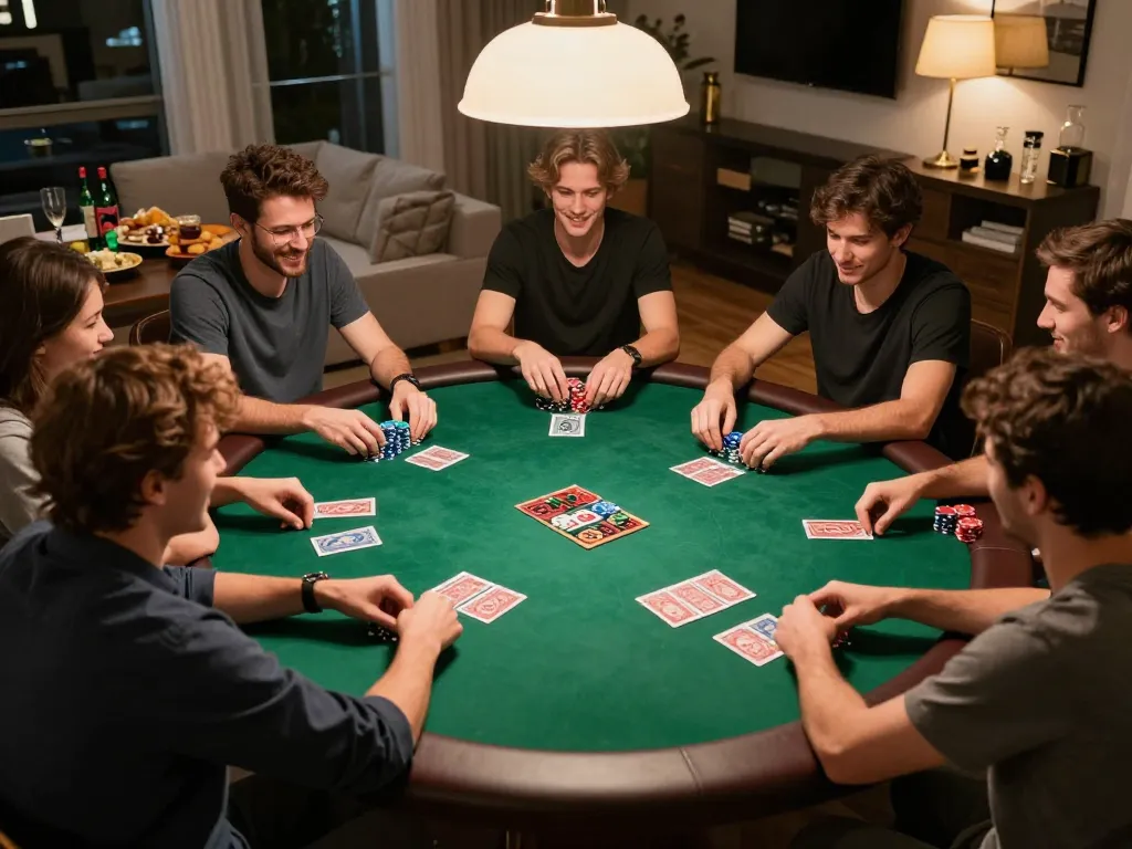Players enjoying a friendly poker game at home, showcasing the excitement of 79win.