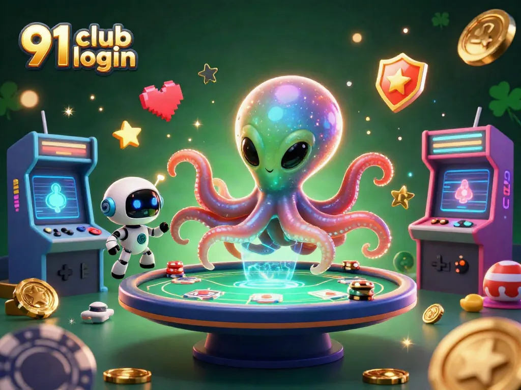 Engage with the vibrant gaming world of 91 club login, featuring a dynamic poker scene with an alien octopus and robot.