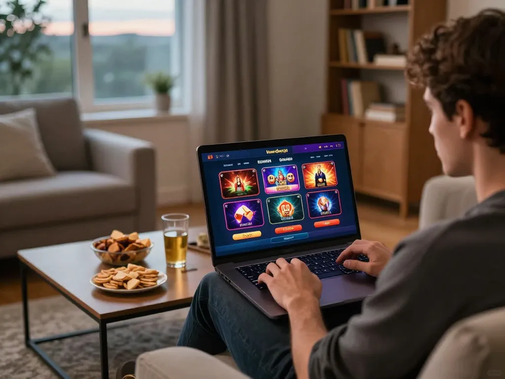 Engaging with the kuwin đăng nhập interface on a laptop in a cozy home setting, highlighting online casino excitement.