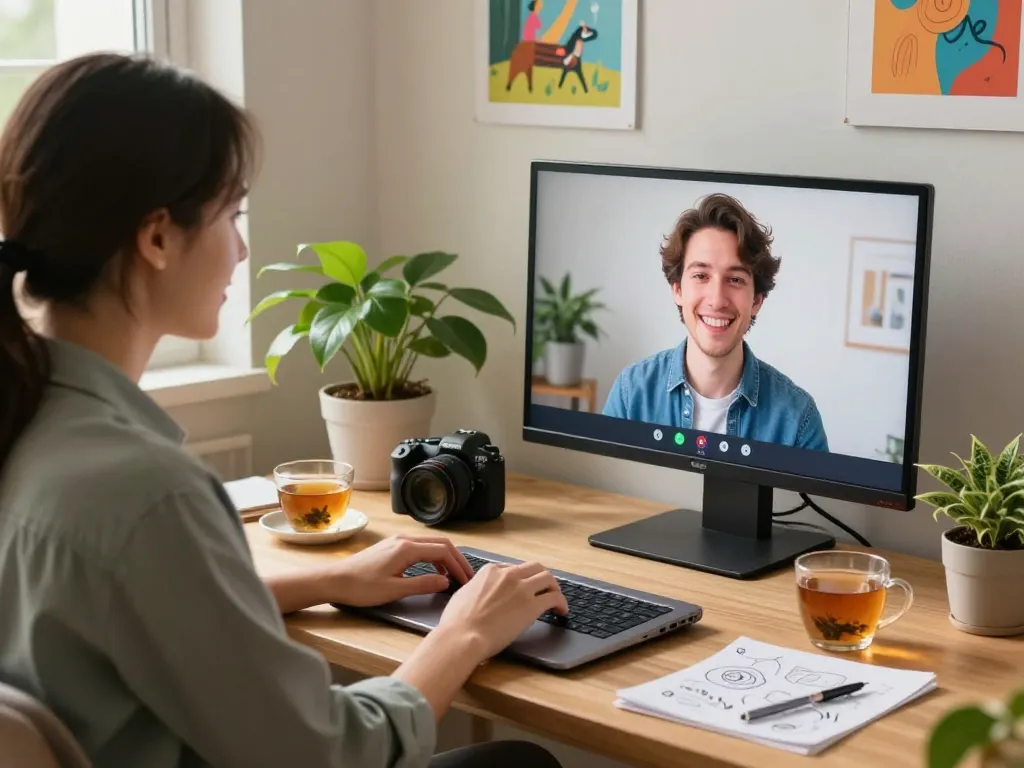 Spicy AI interaction scene showing a user engaging with a virtual avatar in a cozy workspace.