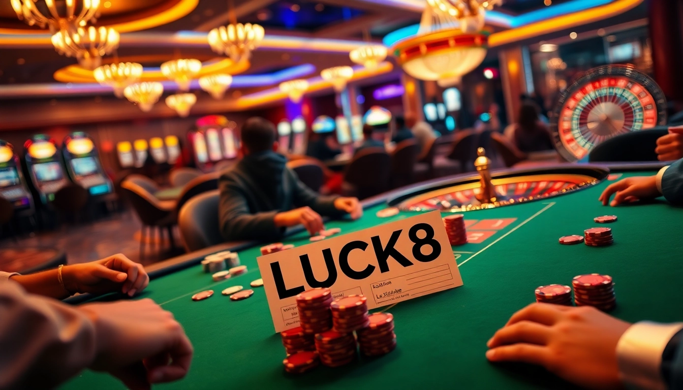 Lucky poker players at an energetic casino table featuring LUCK8 betting slips, chips, and cards.