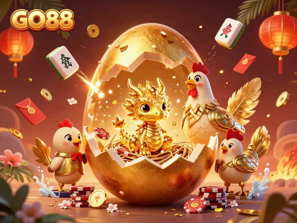 Participate in GO88 with a vibrant casino scene showcasing a golden dragon and poker chips.