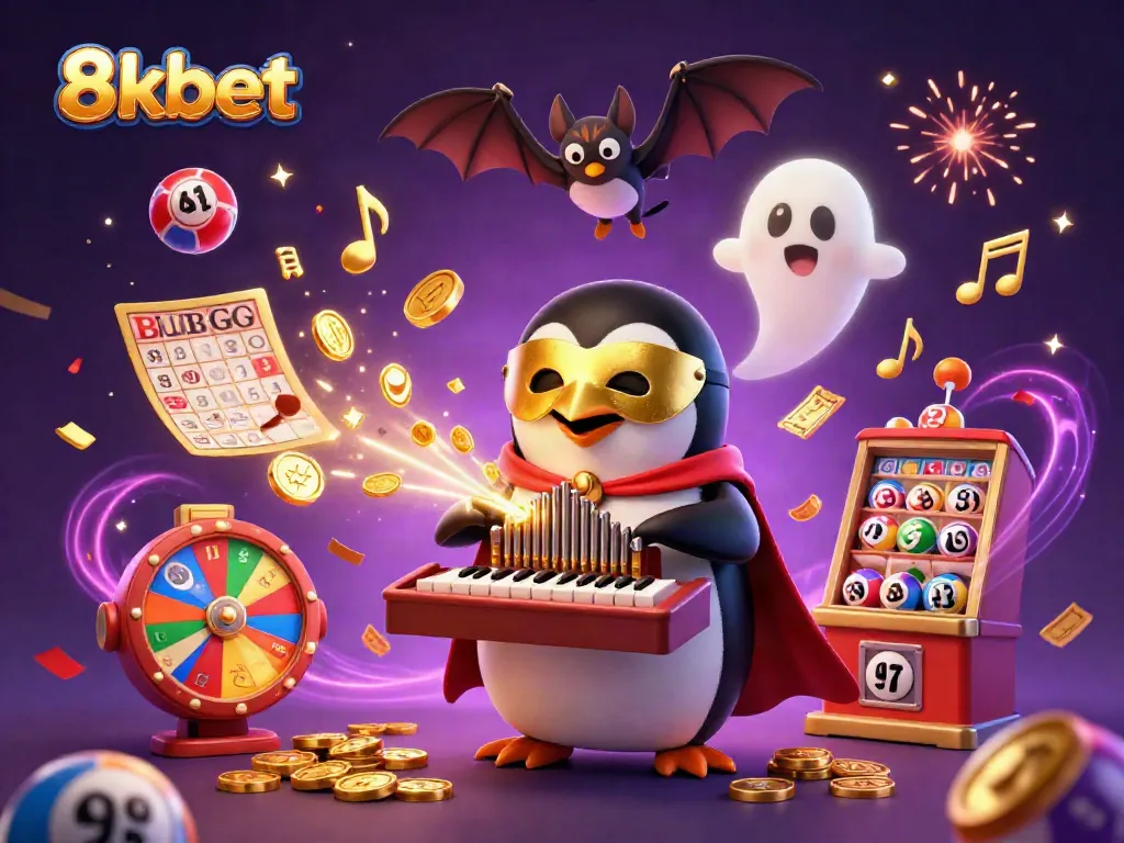 Experience thrilling gaming adventures with 8xbet as fun elements dance around a cartoon penguin in a dazzling display.