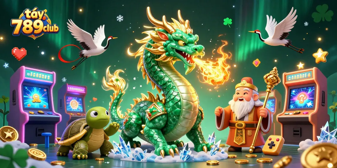 Engage in exciting gameplay at tải 789club, with a dynamic scene featuring a jade dragon, turtle sage, and lucky cranes.