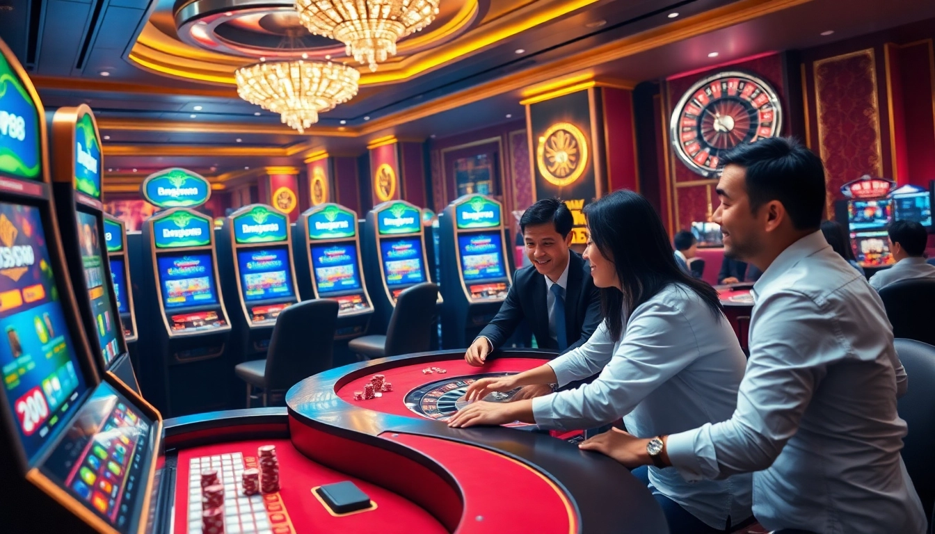 Players enjoying a thrilling session at bangsawan88 online casino tables, celebrating wins and engaging in games.