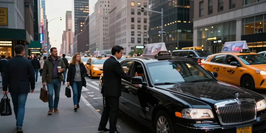 Professional black car service in NYC with a luxury vehicle and driver assisting a passenger in an urban setting.