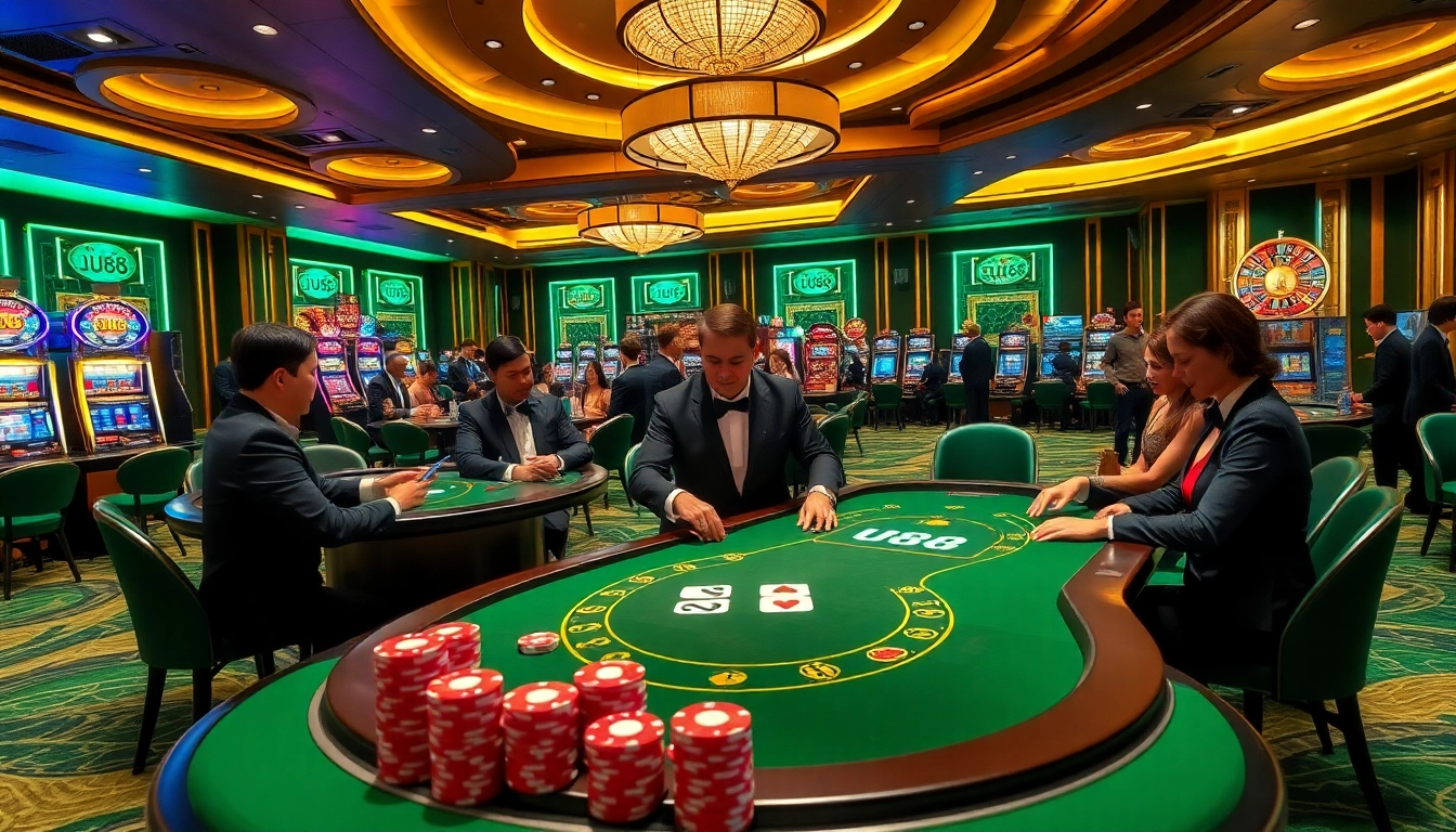 U88-themed poker game with colorful chips and professional dealers in an upscale casino.