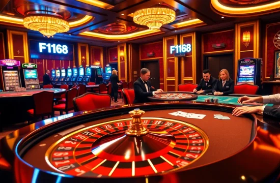 Experience thrilling gameplay at F168 casino with poker chips, cards, and roulette table in an elegant setting.