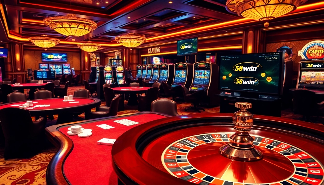 Experience the excitement of 58win with luxurious casino gaming tables and vibrant slots.