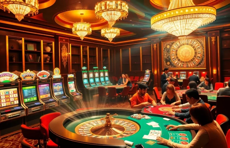 Engaging players at a luxurious casino inspired by https://az888.futbol, featuring intense poker games, vibrant slot machines, and a roulette wheel.