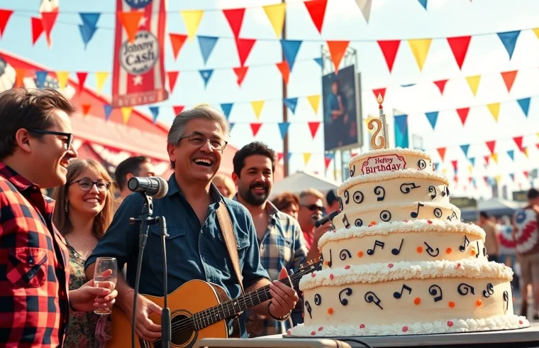 Celebration at johnnycashbirthday.com featuring live music, fans enjoying the atmosphere.