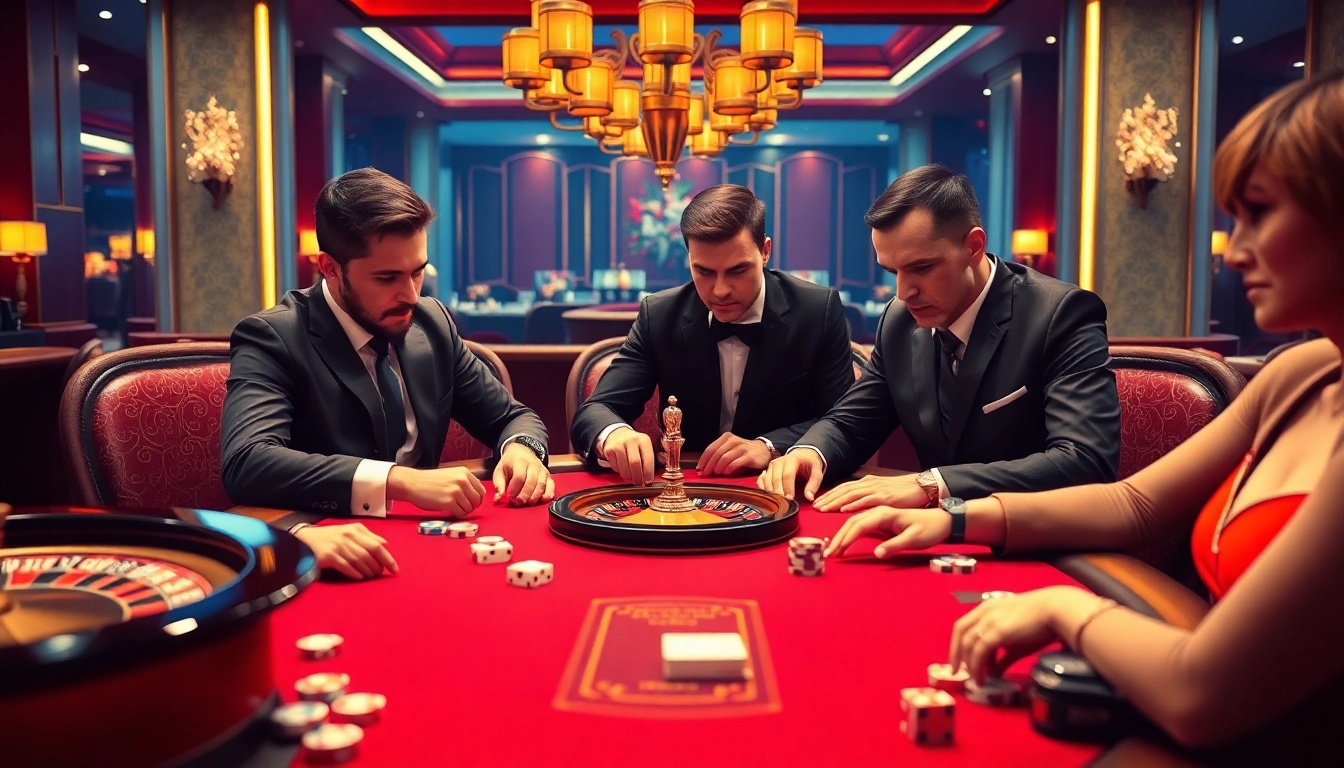LIXI88 poker players enjoy a high-stakes game in a luxurious casino setting filled with excitement.