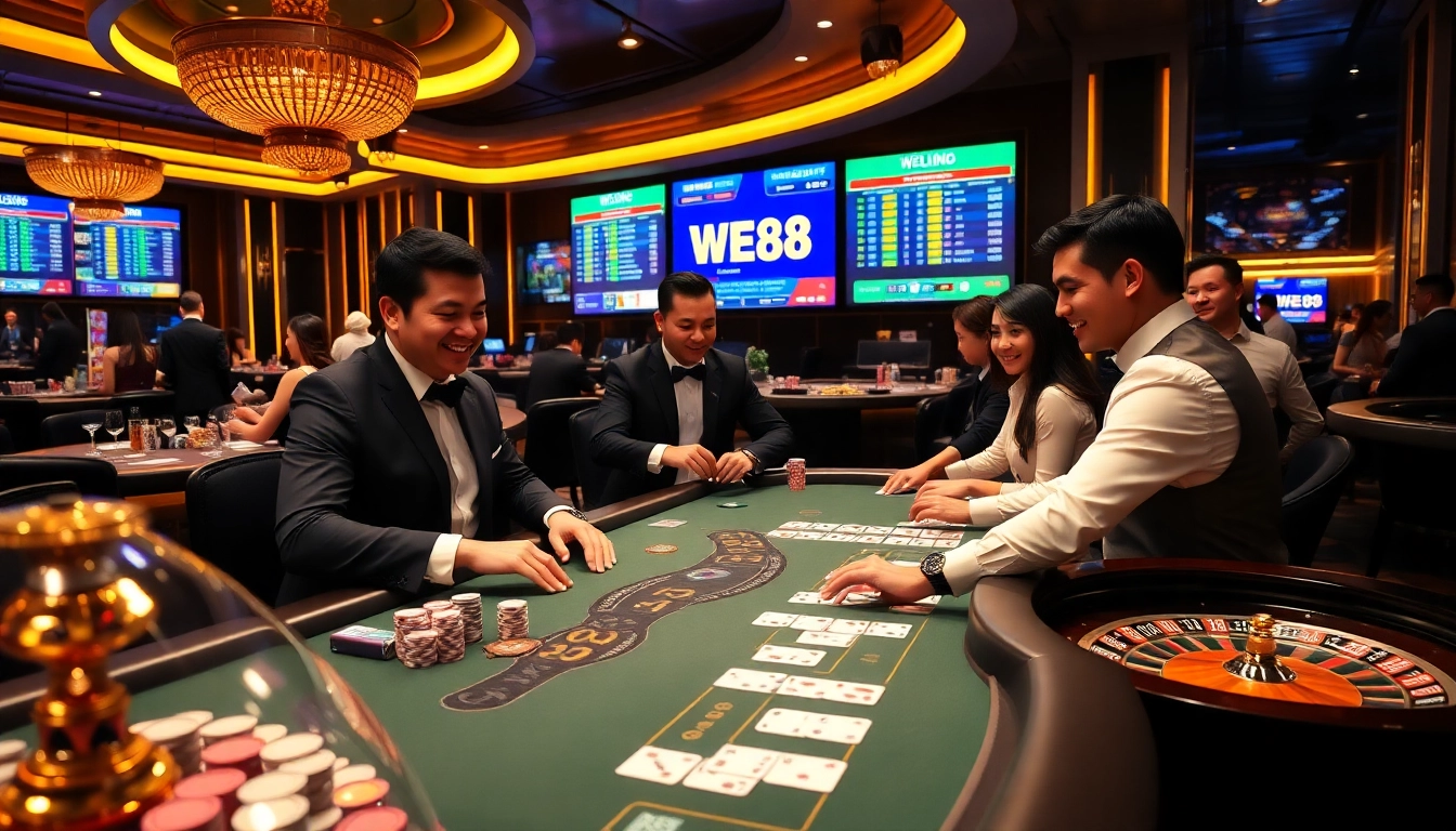 Experience the thrill of live poker at WE88 with players and chips creating an exciting casino atmosphere.