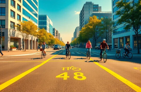 Bicycle box (IA +18) at a busy urban intersection showcasing safe cycling practices and community engagement.