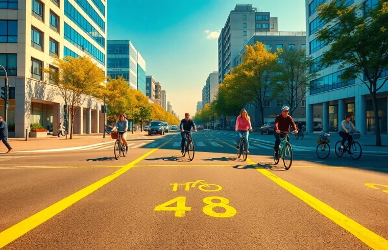 Bicycle box (IA +18) at a busy urban intersection showcasing safe cycling practices and community engagement.