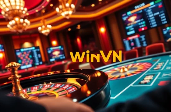 Engaging gambling scene with online betting at https://winvn.wiki featuring vibrant roulette wheel and poker table.