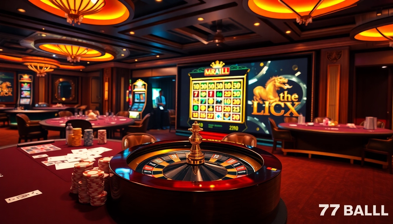 Experience high-stakes excitement at 77BALL with vibrant casino tables and thrilling jackpot displays.