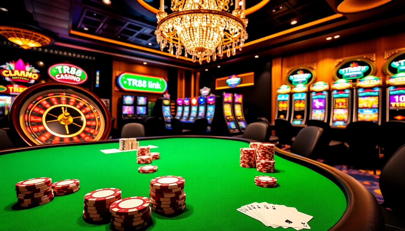 Exciting casino scene with vibrant elements highlighting the TR88 link for an immersive gambling experience.