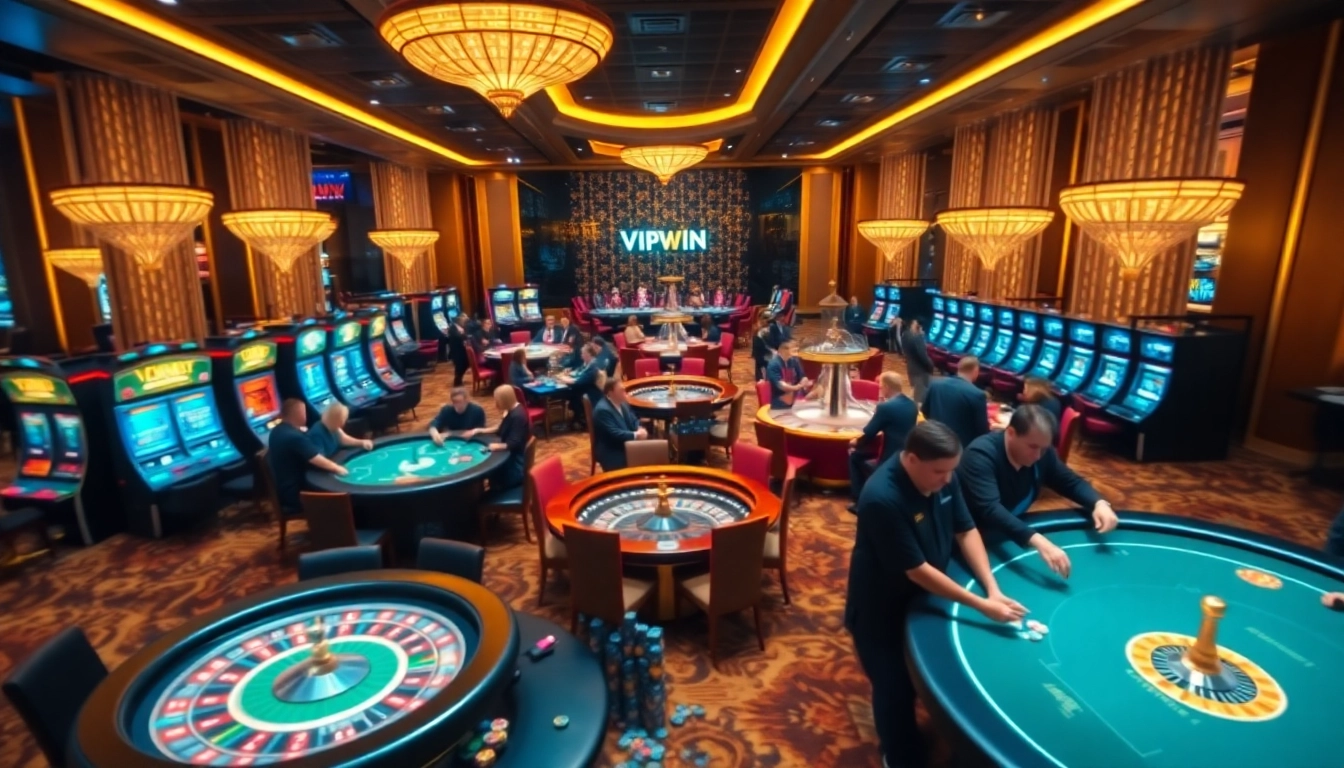 Players enjoying an upscale gambling experience at VIPWIN casino with poker tables and slot machines.