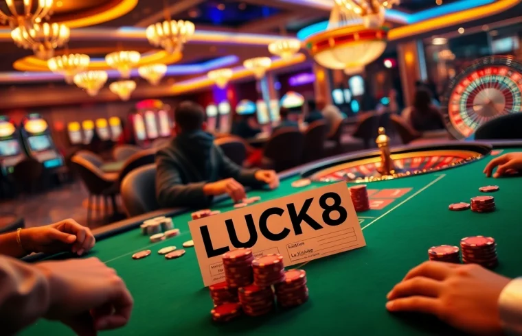 Lucky poker players at an energetic casino table featuring LUCK8 betting slips, chips, and cards.