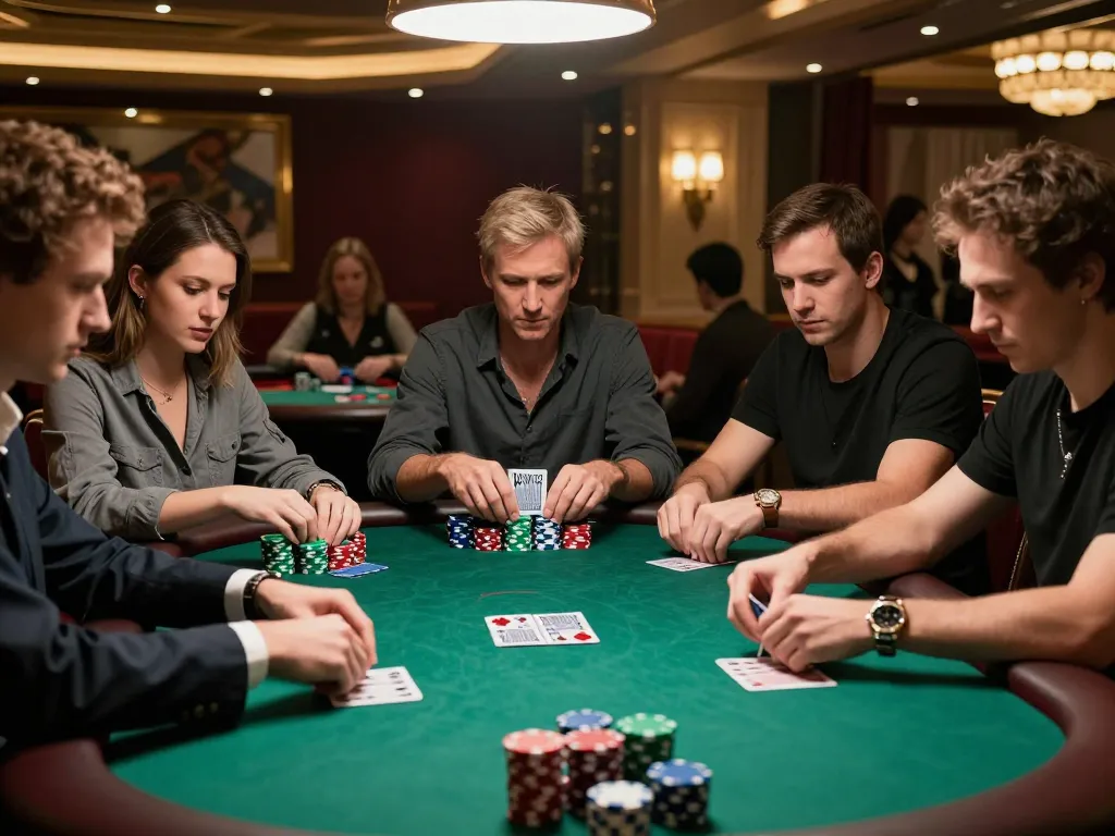 Engaged players at a lively poker game, highlighting the action of https://da88up.com/ in a luxurious casino.