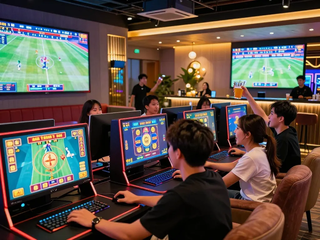 Youthful gamers in a lively casino setting enjoying Tải Hit Club experiences, engaging in vibrant online games.