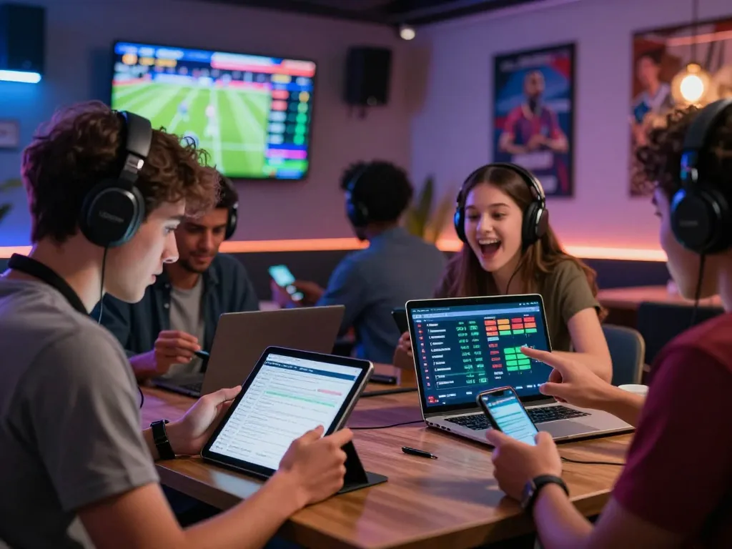 Exciting nowgoal sports betting scene with diverse bettors engaging with technology and live scores in a vibrant lounge.