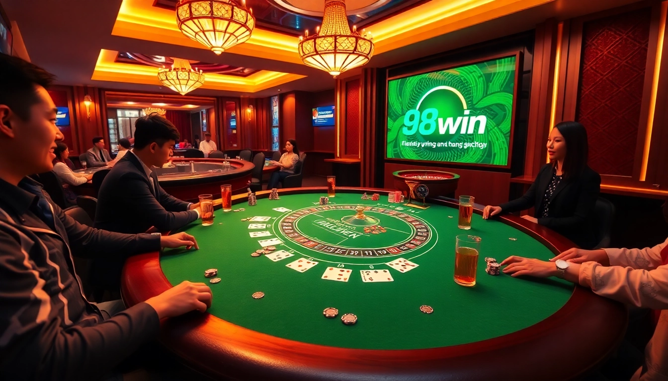 Players at a lively Blackjack table experience excitement on 98win trang chủ, surrounded by chips and cards.