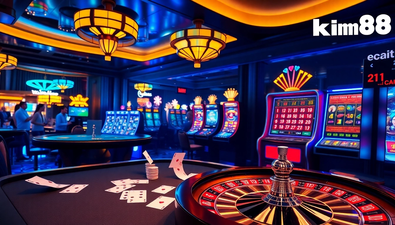 Exciting casino atmosphere at kim88 featuring vibrant poker chips and lively gaming action.