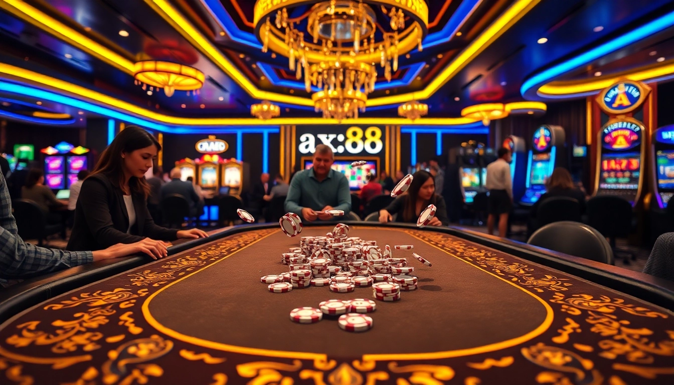 Dynamic gaming action at the ax88 casino with vibrant poker chips and roulette excitement.