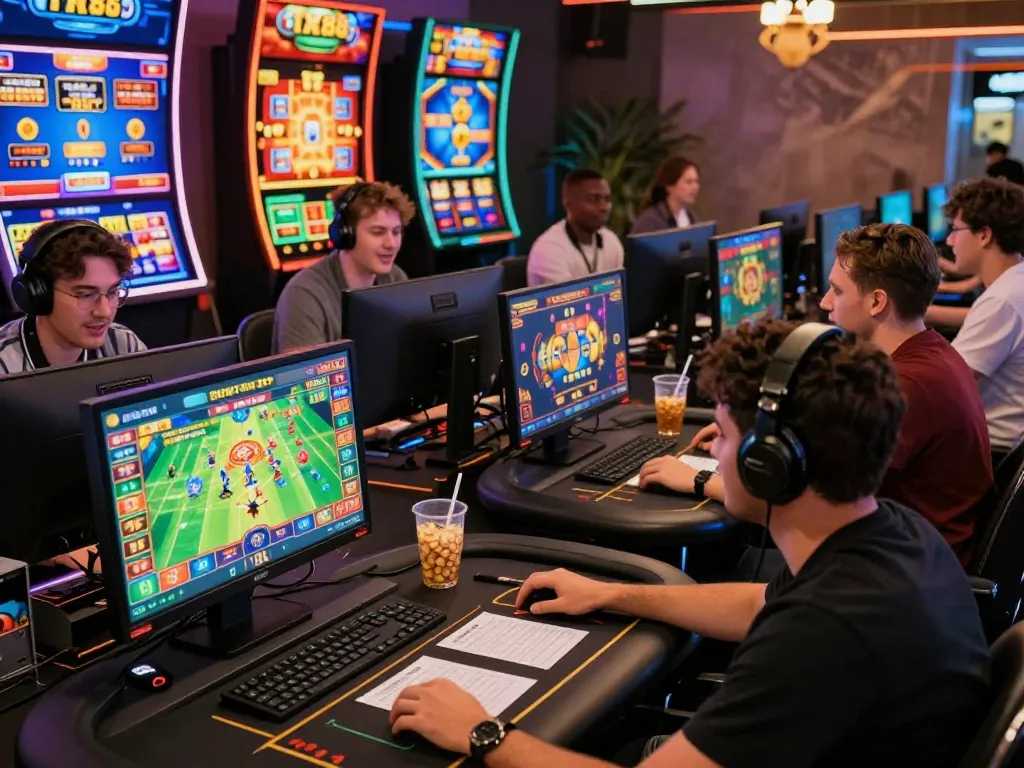 Engaged players enjoying diverse games on TK88's vibrant online platform, reflecting the excitement of online betting.