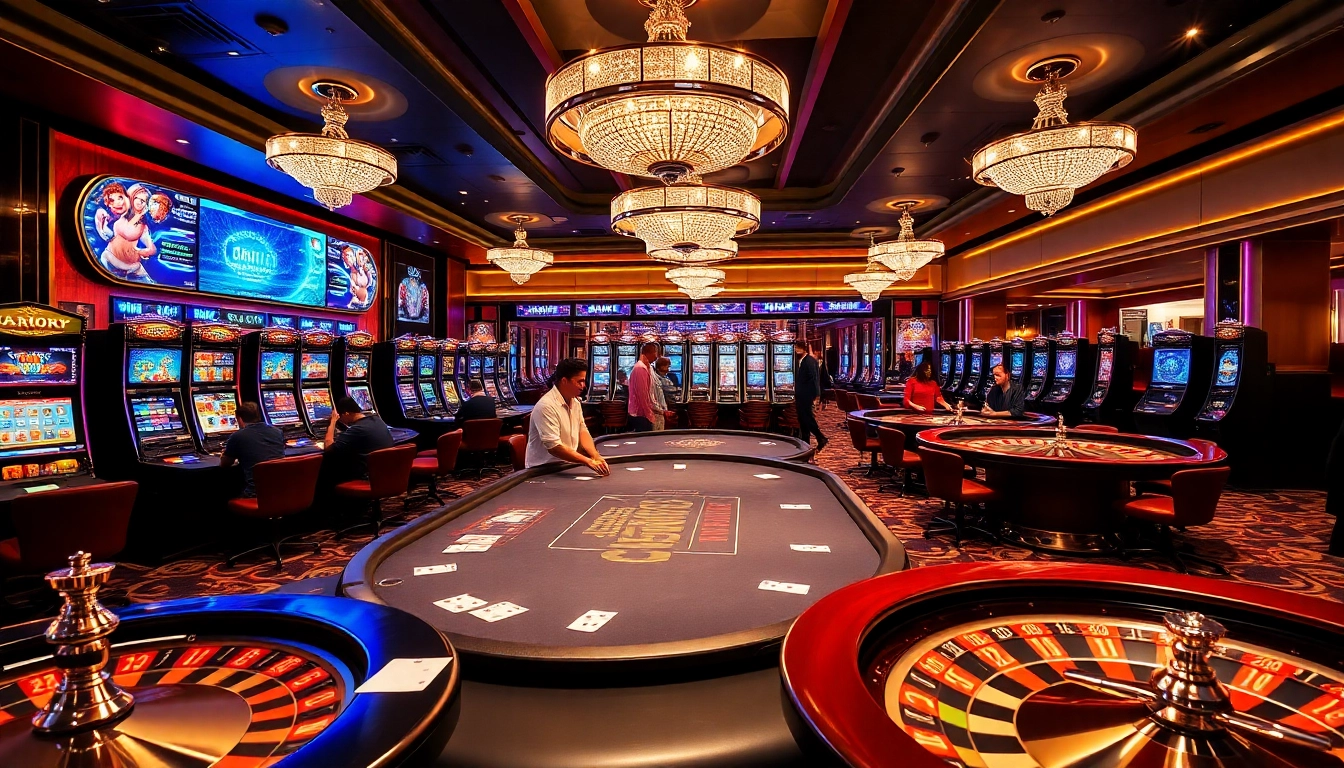 Players enjoying poker and slot machines at kim88 casino, showcasing excitement and engagement.