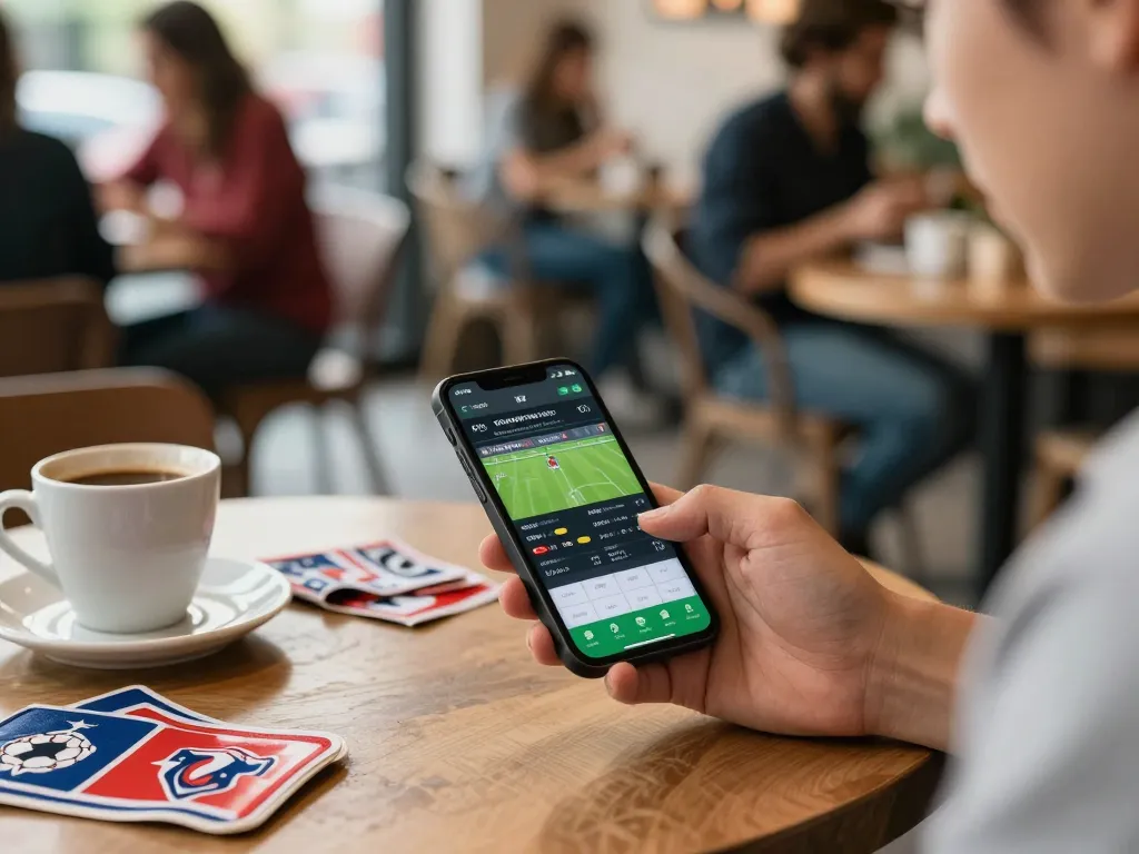 Engaging in keo nha cai using a smartphone for live sports betting at a café table